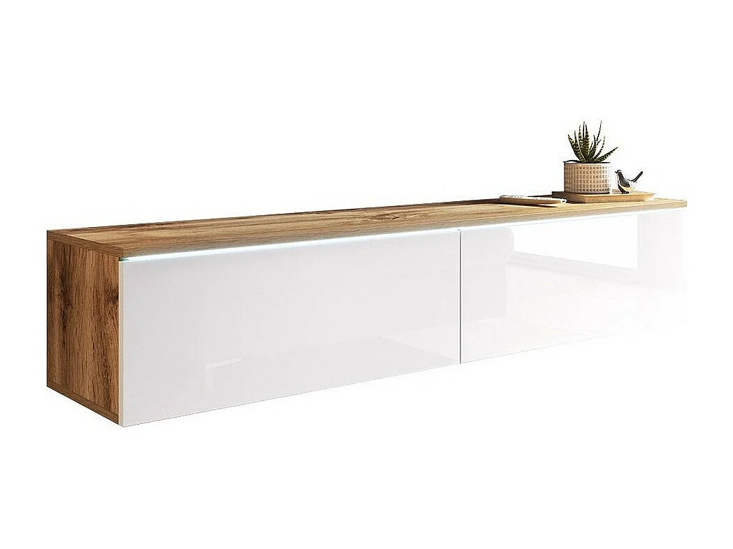 Meuble TV Sarasota 120, Blanc brillant|Chêne wotan, Le nombre de portes: 2, 140x30x33cm