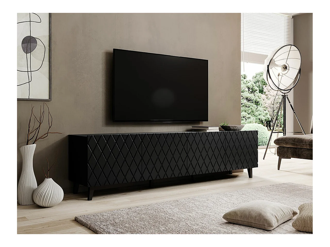 Meuble TV Charlotte 174, Noir, Le nombre de portes: 4, 200x52x42cm