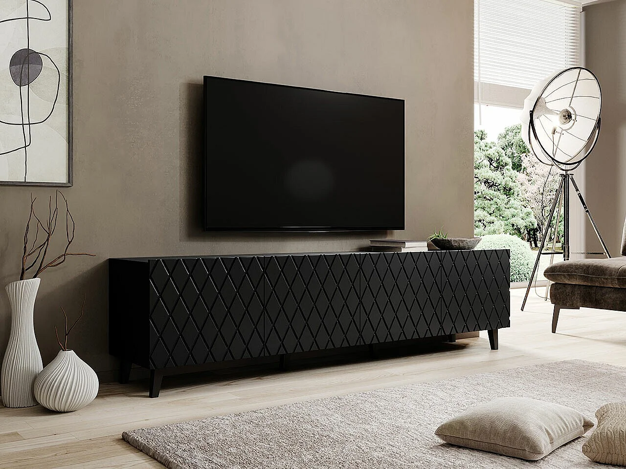 Mueble TV Charlotte 174, Negro, Número de puertas: 4.00, 200x52x42cm
