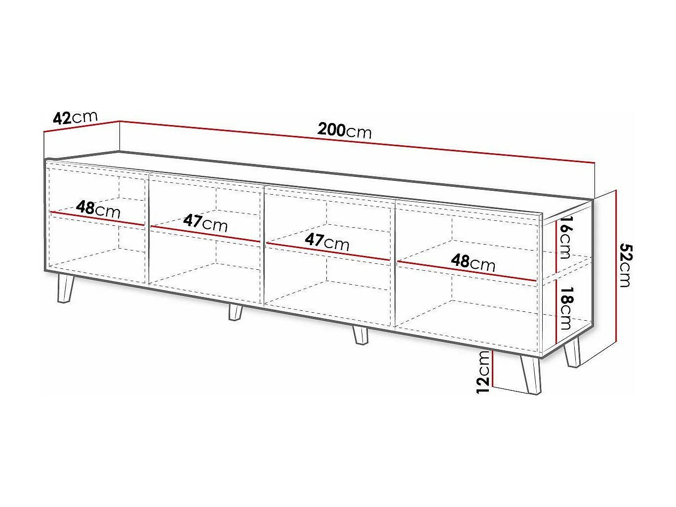 Mueble TV Charlotte 174, Negro, Número de puertas: 4.00, 200x52x42cm