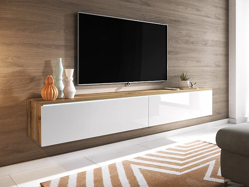 Mueble TV Sarasota 121, Blanco brillante|Wotan roble, Número de puertas: 2.00, 180x30cm
