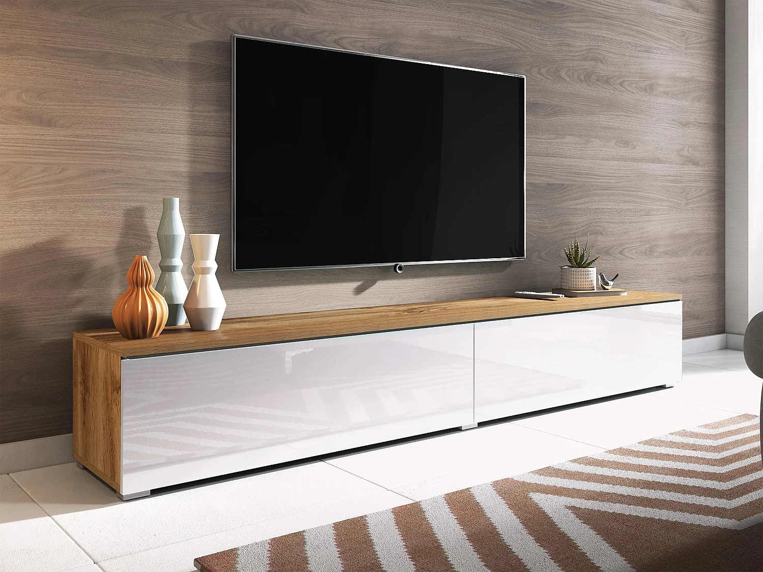 Mueble TV Sarasota 121, Blanco brillante|Wotan roble, Número de puertas: 2.00, 180x30cm