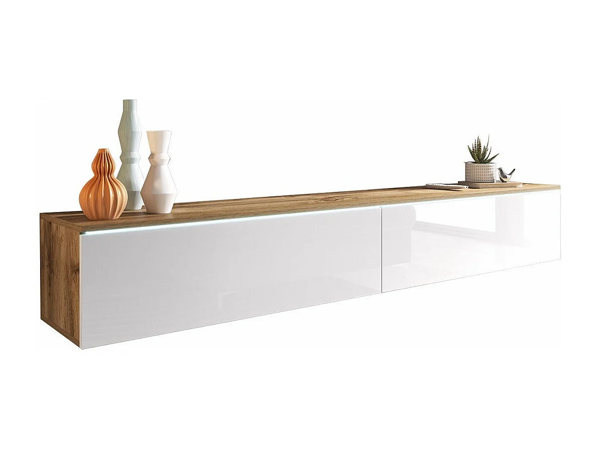 Meuble TV Sarasota 121, Blanc brillant|Chêne wotan, Le nombre de portes: 2, 180x30x33cm