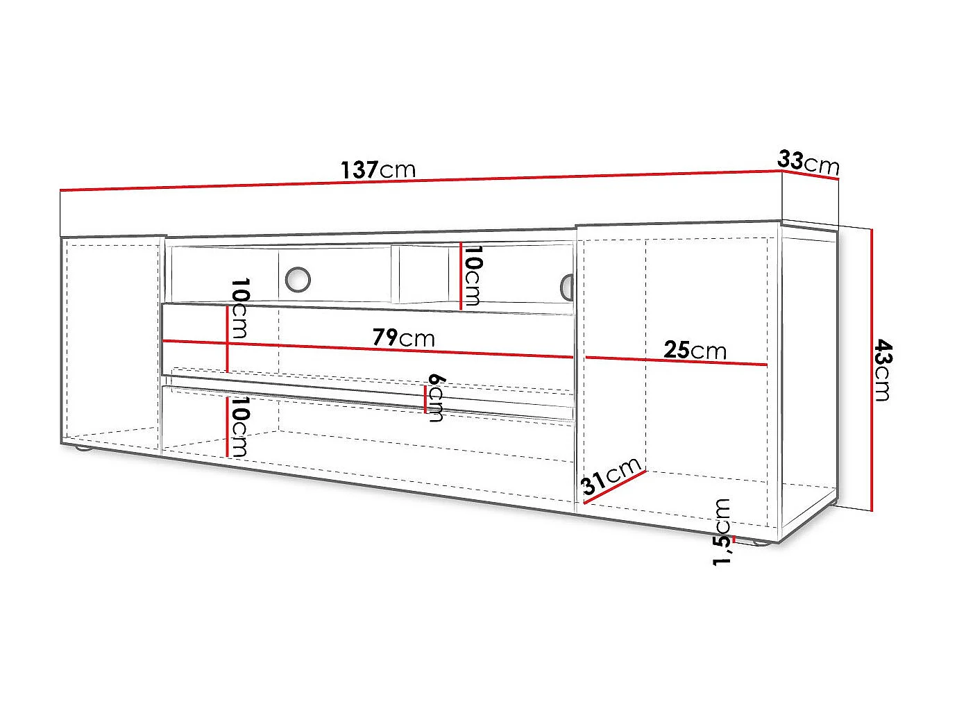 Meuble TV Nashville 114, Blanc brillant|Blanc, Le nombre de portes: 4, 137x43x33cm