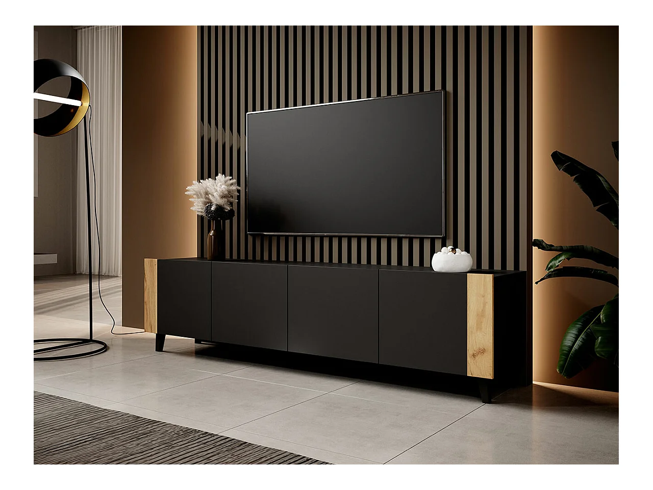 Mobile porta TV Charlotte 184, Craft quercia|Nero, Il numero di porte: 4.00, 201x53x42cm