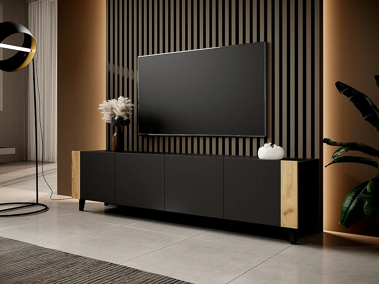 Meuble TV Charlotte 184, Craft chêne|Noir, Le nombre de portes: 4, 201x53x42cm