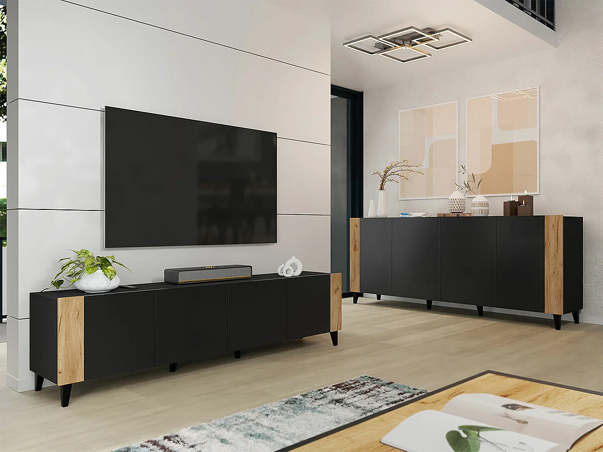 Meuble TV Charlotte 184, Craft chêne|Noir, Le nombre de portes: 4, 201x53x42cm