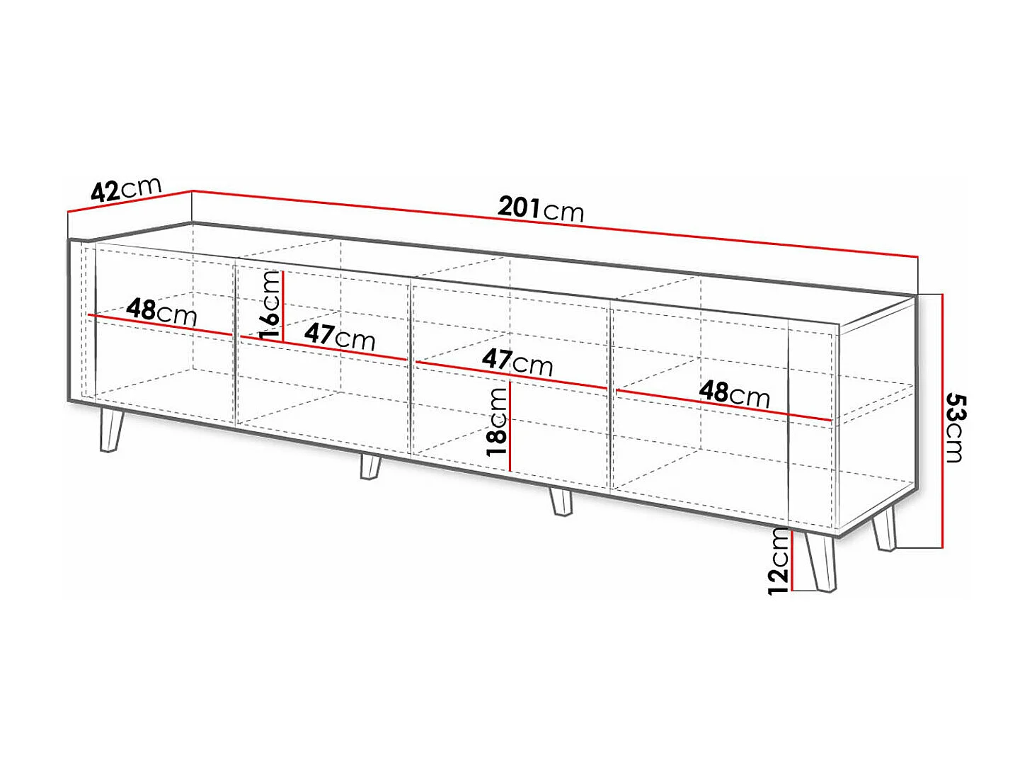 Meuble TV Charlotte 184, Craft chêne|Noir, Le nombre de portes: 4, 201x53x42cm