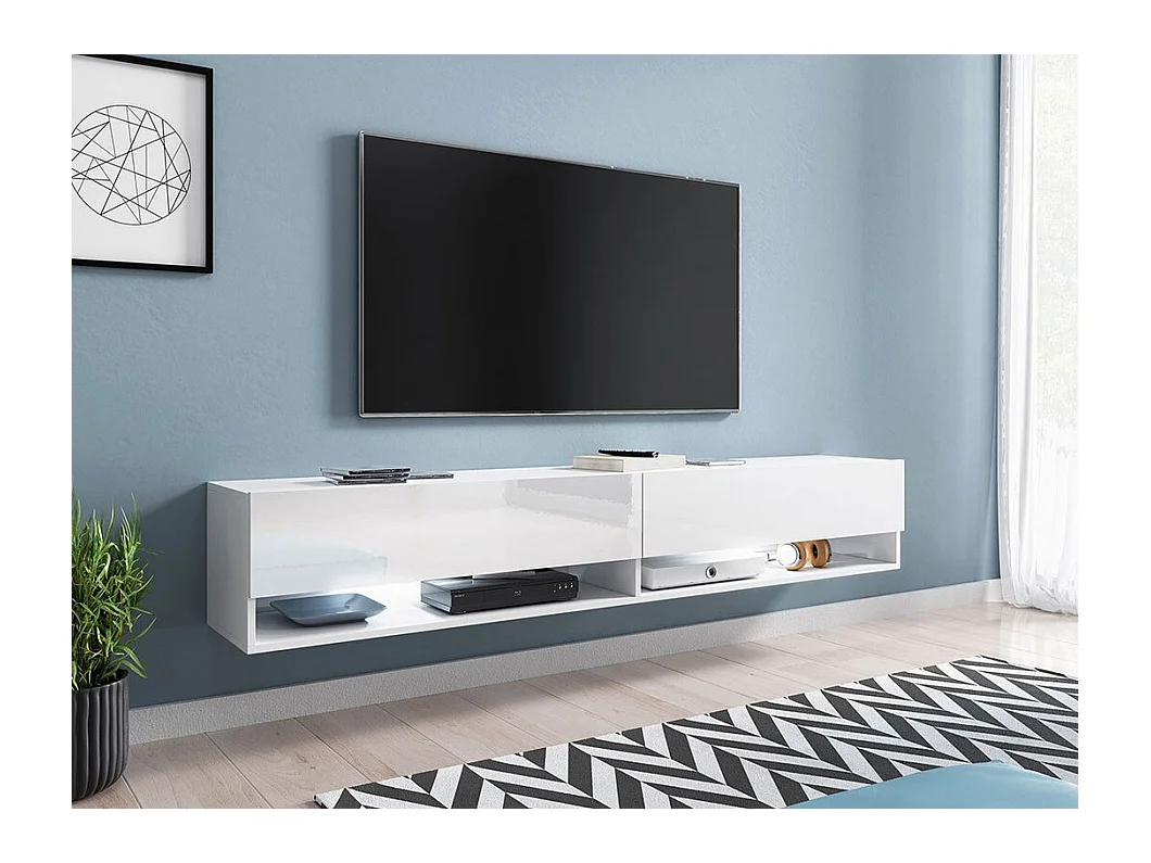 Meuble TV Sarasota 119, Blanc|Blanc brillant, Le nombre de portes: 2, 180x30x33cm