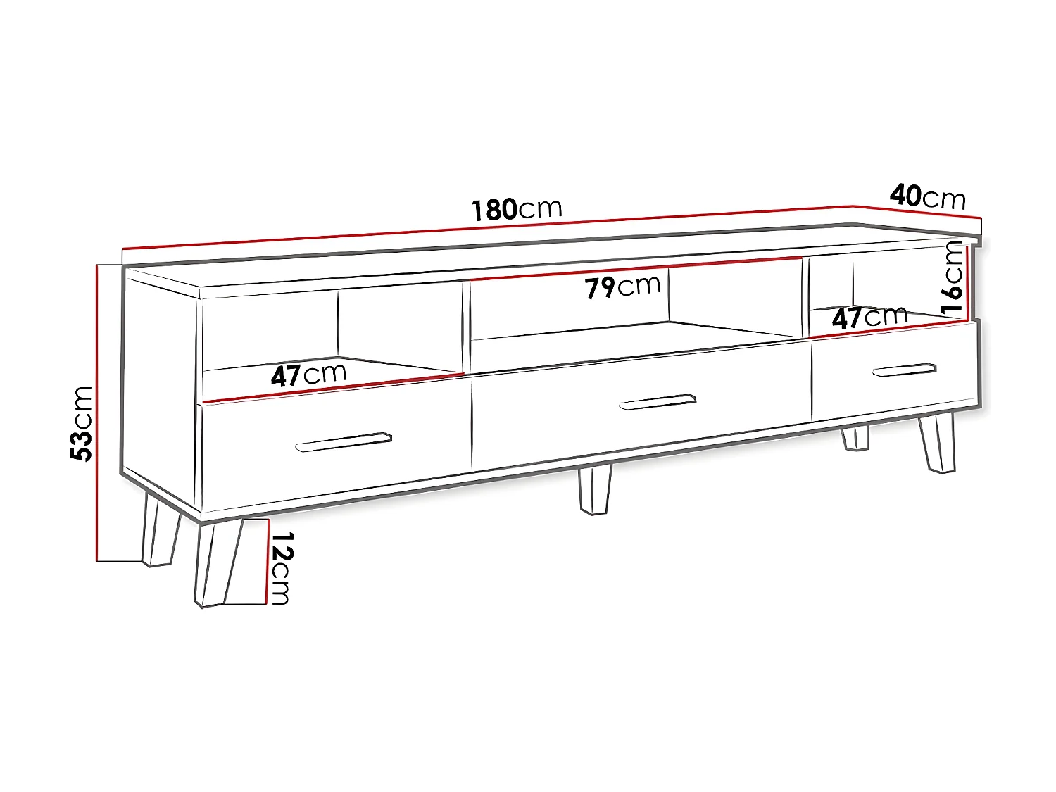 Meuble TV Larfloi 109, Sonoma chêne|Blanc, Nombre de tiroirs: 3, 180x53x40cm