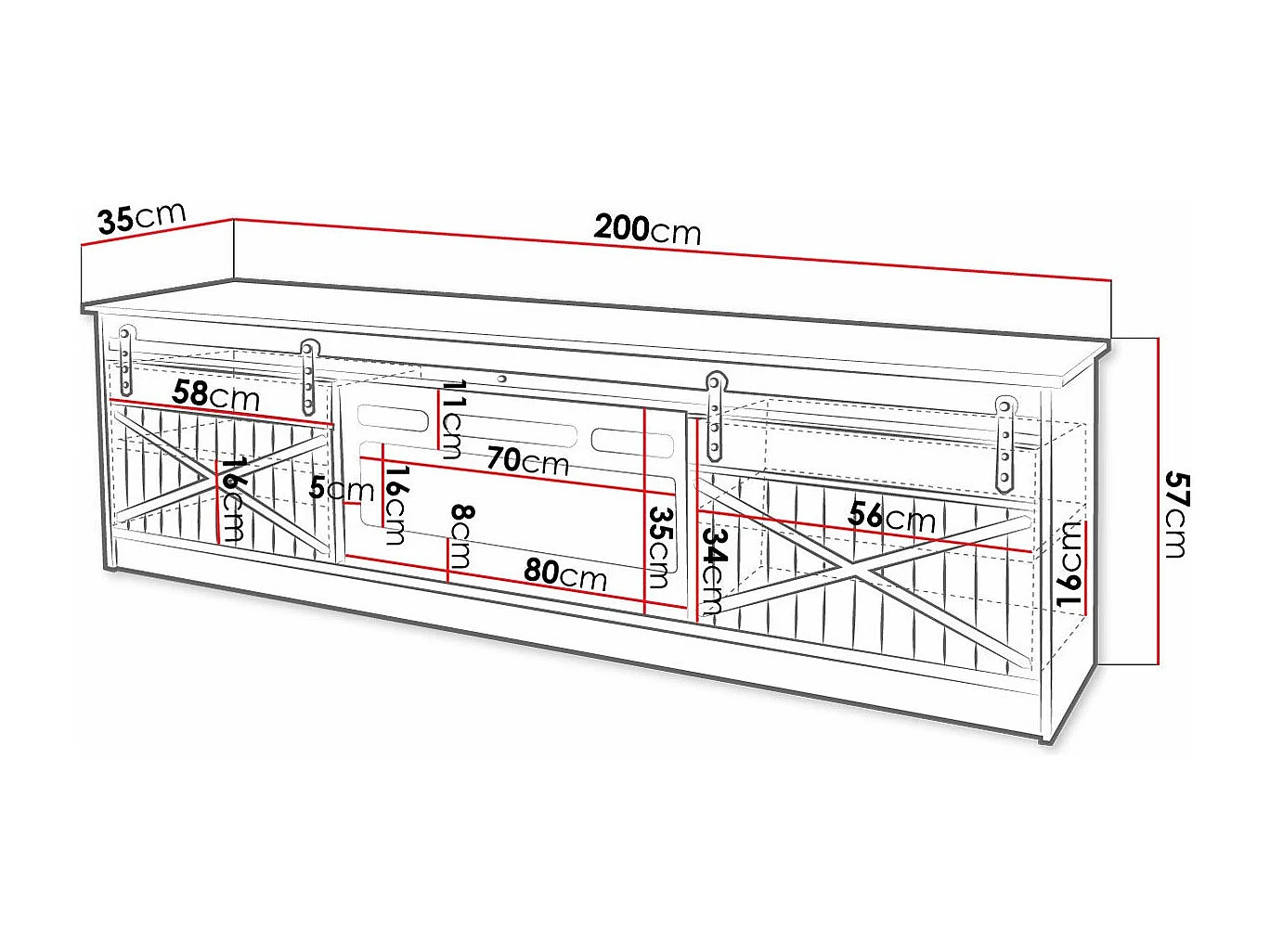 Mueble TV Charlotte 165, Negro|Negro brillante, Número de puertas: 2.00, 200x57x35cm