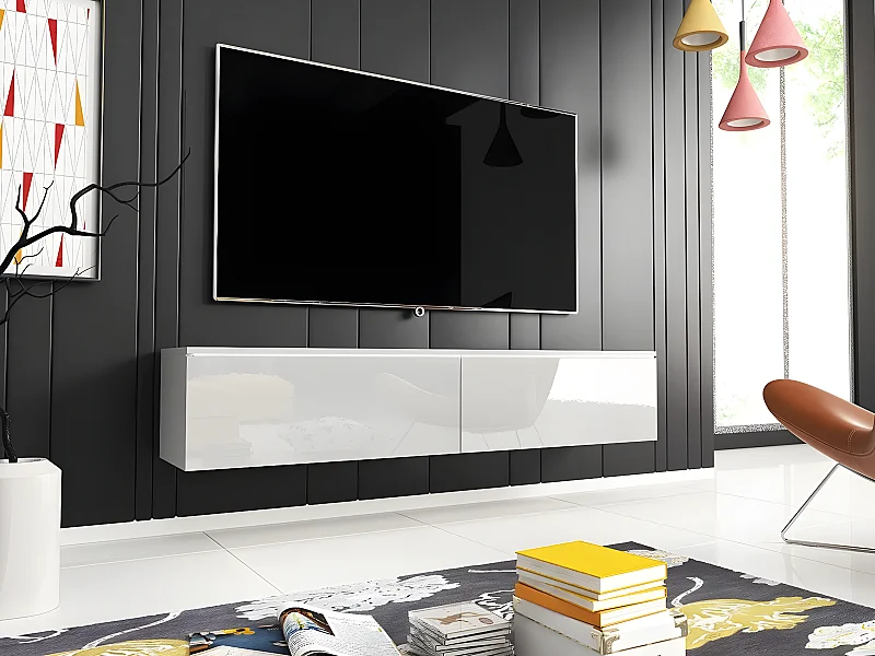 Meuble TV Sarasota 120, Blanc brillant|Blanc, Le nombre de portes: 2, 140x30x33cm