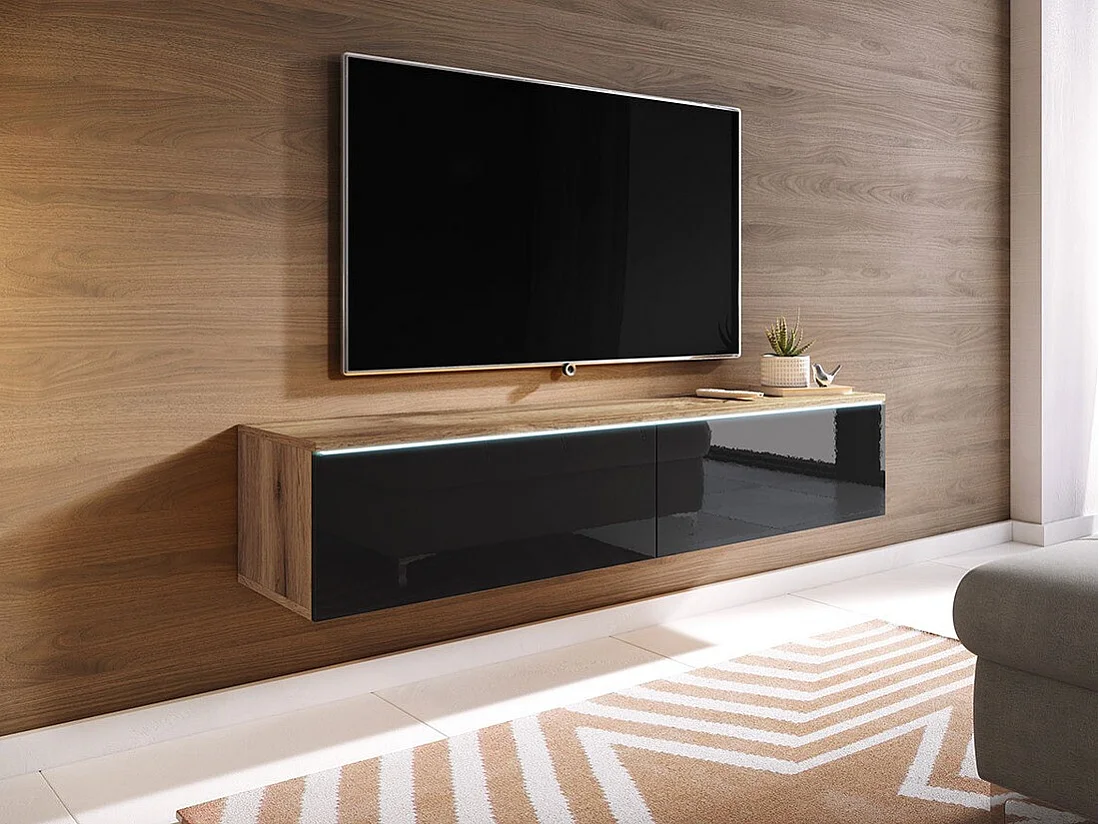 Mueble TV Sarasota 120, Wotan roble|Negro brillante, Número de puertas: 2.00, 140x30x33cm