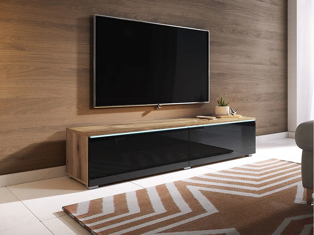 Mueble TV Sarasota 120, Wotan roble|Negro brillante, Número de puertas: 2.00, 140x30x33cm