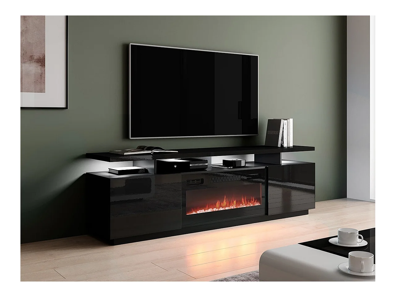 Meuble TV Charlotte 151, Noir brillant|Noir, Le nombre de portes: 2, 180x56x40cm