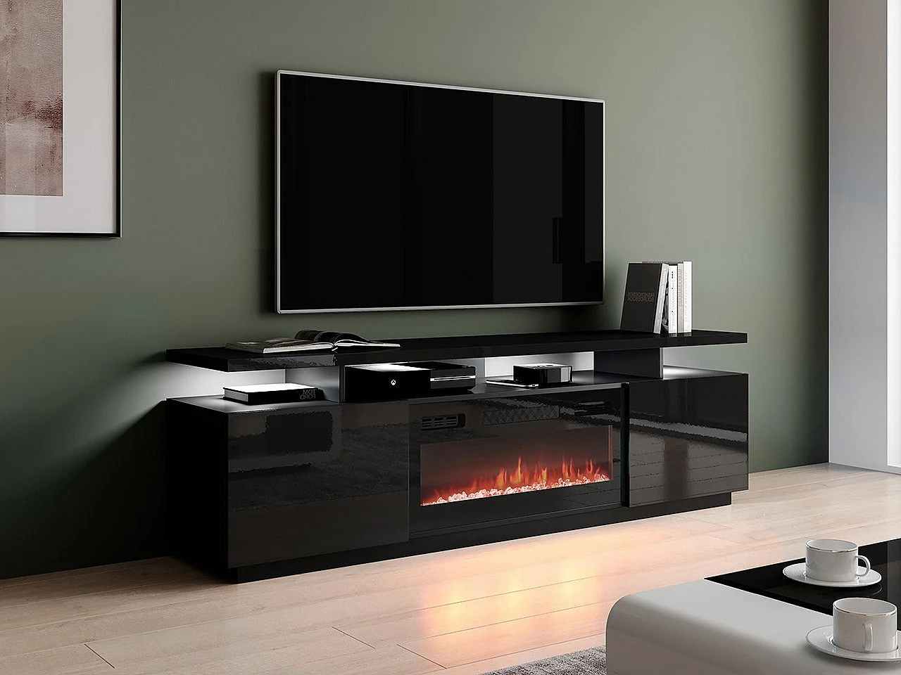 Mueble TV Charlotte 151, Negro brillante|Negro, Número de puertas: 2.00, 180x56x40cm