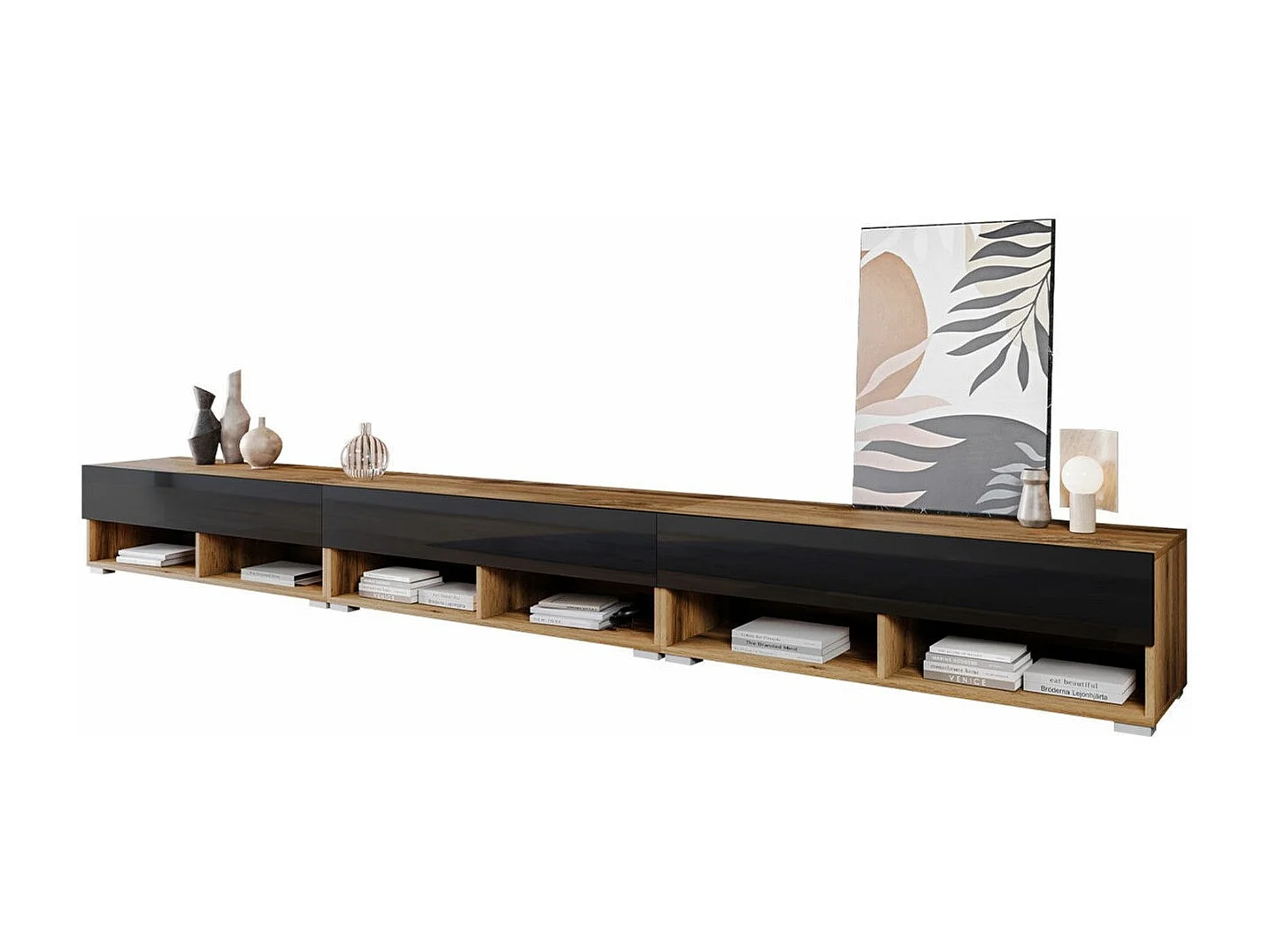 Mueble TV Sarasota 144, Wotan roble|Negro brillante, Número de puertas: 3.00, 300x30x33cm