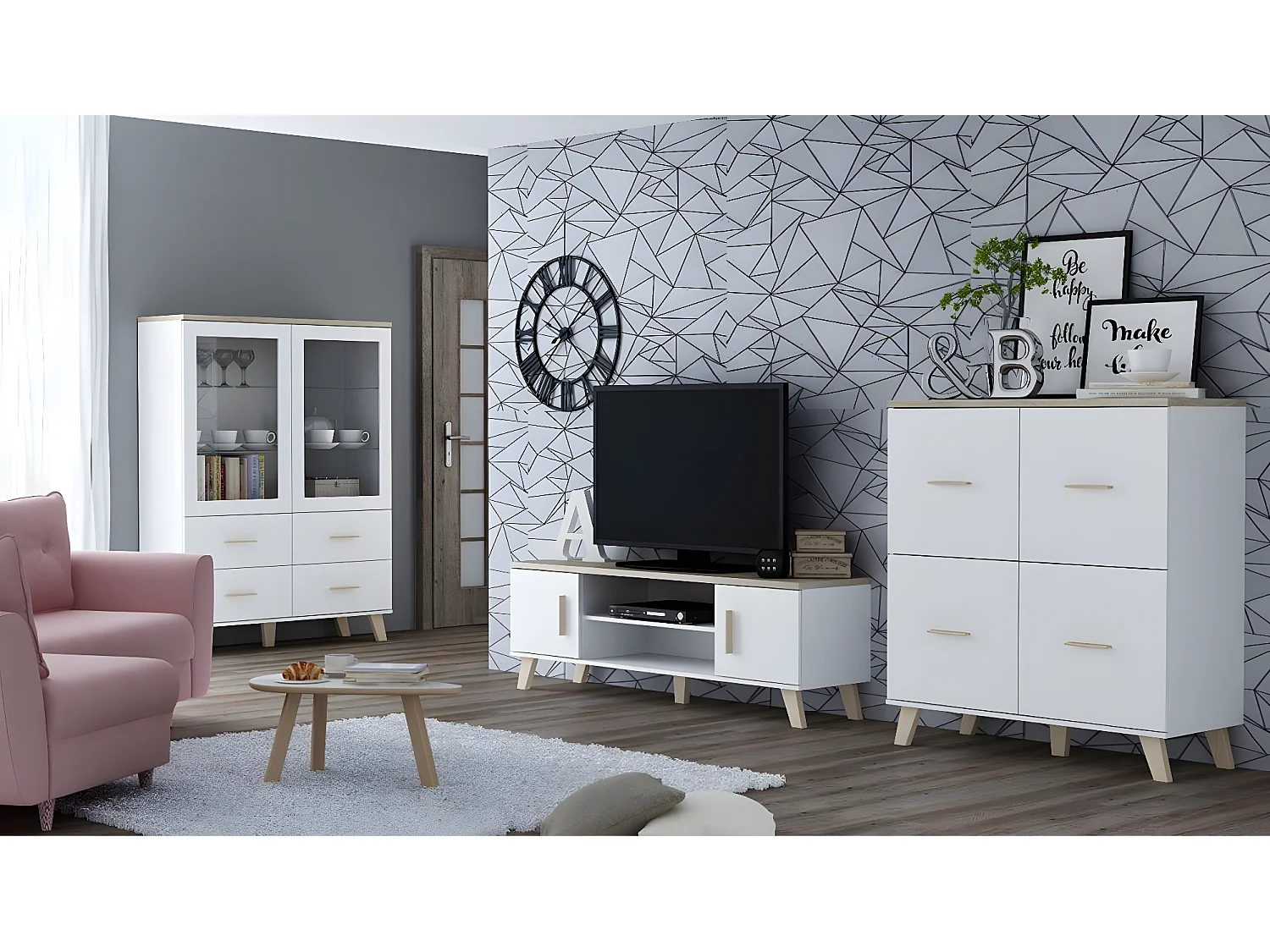Meuble TV Larfloi 108, Blanc|Sonoma chêne, Le nombre de portes: 2, 160x53x40cm