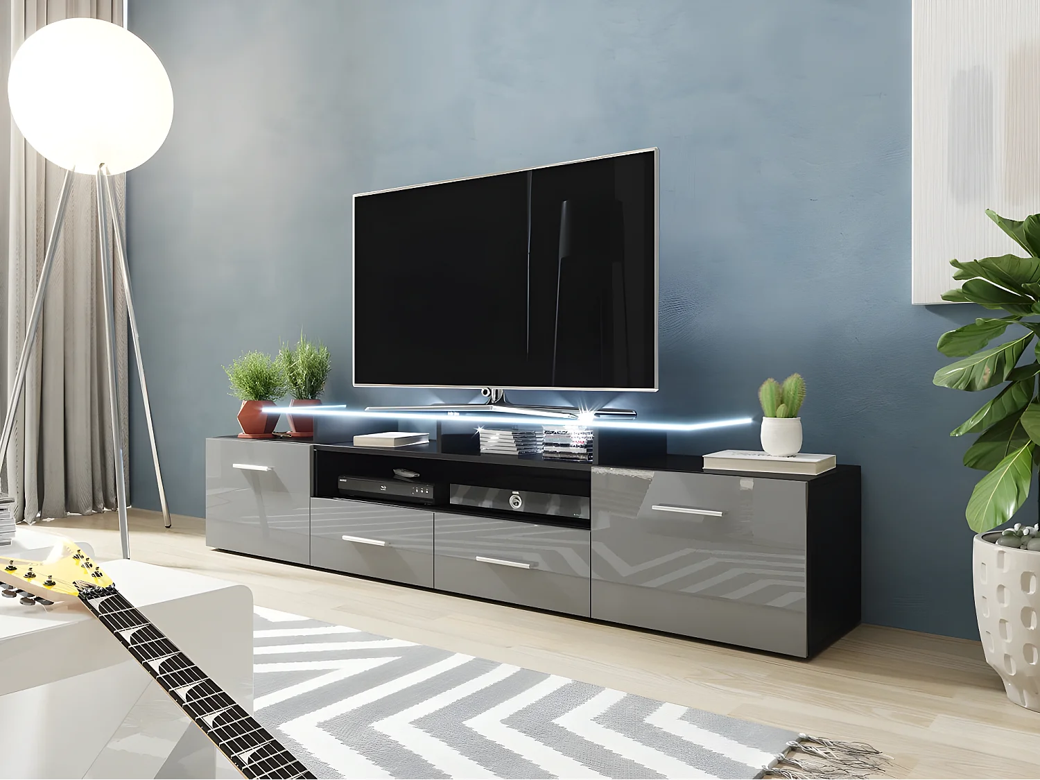 Meuble TV Charlotte 117, Noir|Gris brillant, Le nombre de portes: 2, Nombre de tiroirs: 2