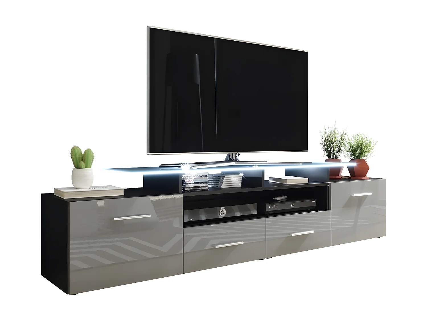 Meuble TV Charlotte 117, Noir|Gris brillant, Le nombre de portes: 2, Nombre de tiroirs: 2