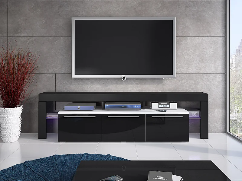 Mueble TV Nashville 103, Negro brillante|Blanco, Número de puertas: 3.00, 200x55x45cm