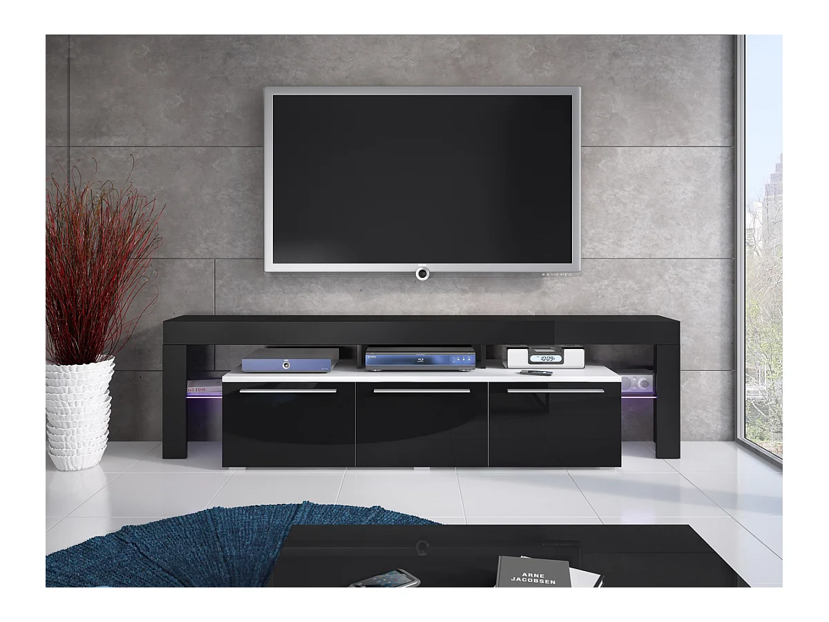 Meuble TV Nashville 103, Noir brillant|Blanc, Le nombre de portes: 3, 200x55x45cm