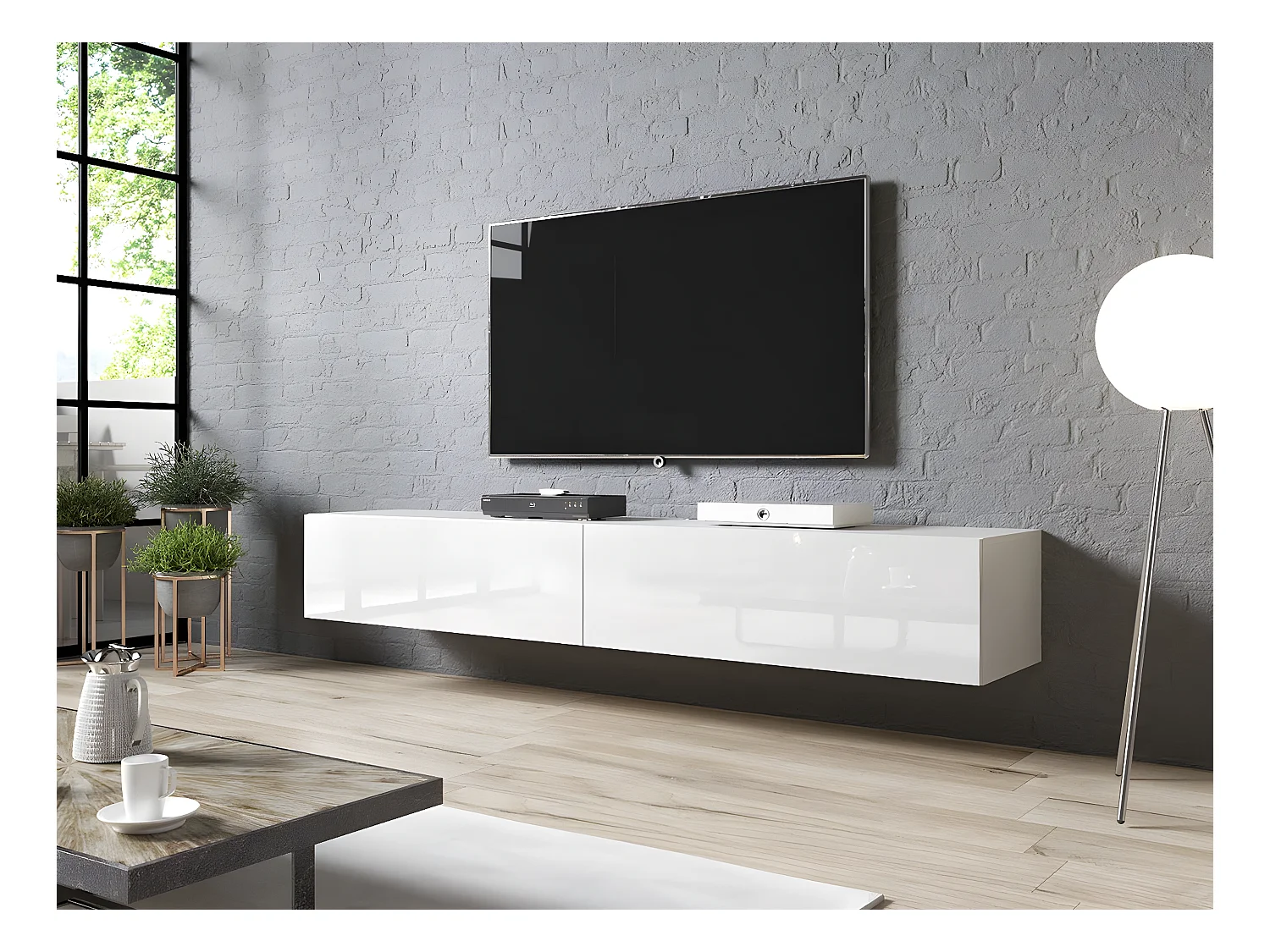 Meuble TV Charlotte 116, Blanc brillant|Blanc, Le nombre de portes: 2, 200x30x40cm