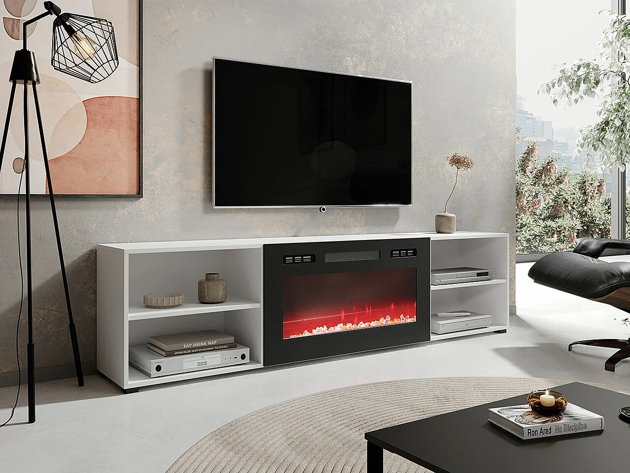 Mobile porta TV Charlotte 191, Bianco|Nero, 200x51x33cm