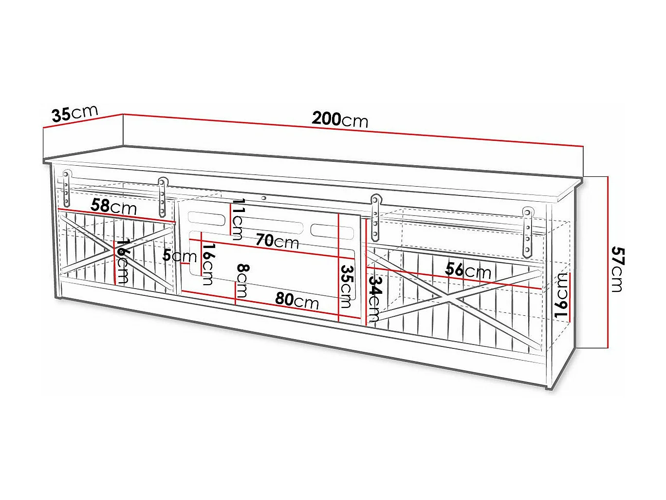 Mueble TV Charlotte 165, Negro|Wotan roble, Número de puertas: 2.00, 200x57x35cm
