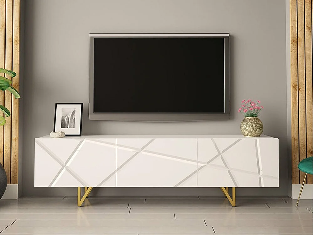 Meuble TV Mavmave 100, Blanc|Blanc brillant, Le nombre de portes: 3, 180x52x37cm