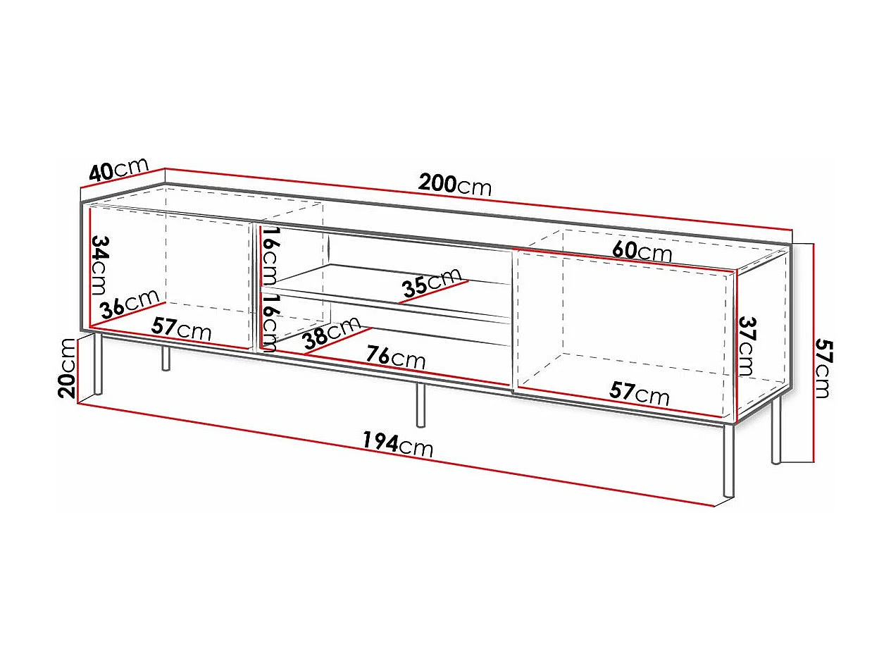 Mesa para TV Charlotte 166, O número de portas: 2, 200x57x40cm