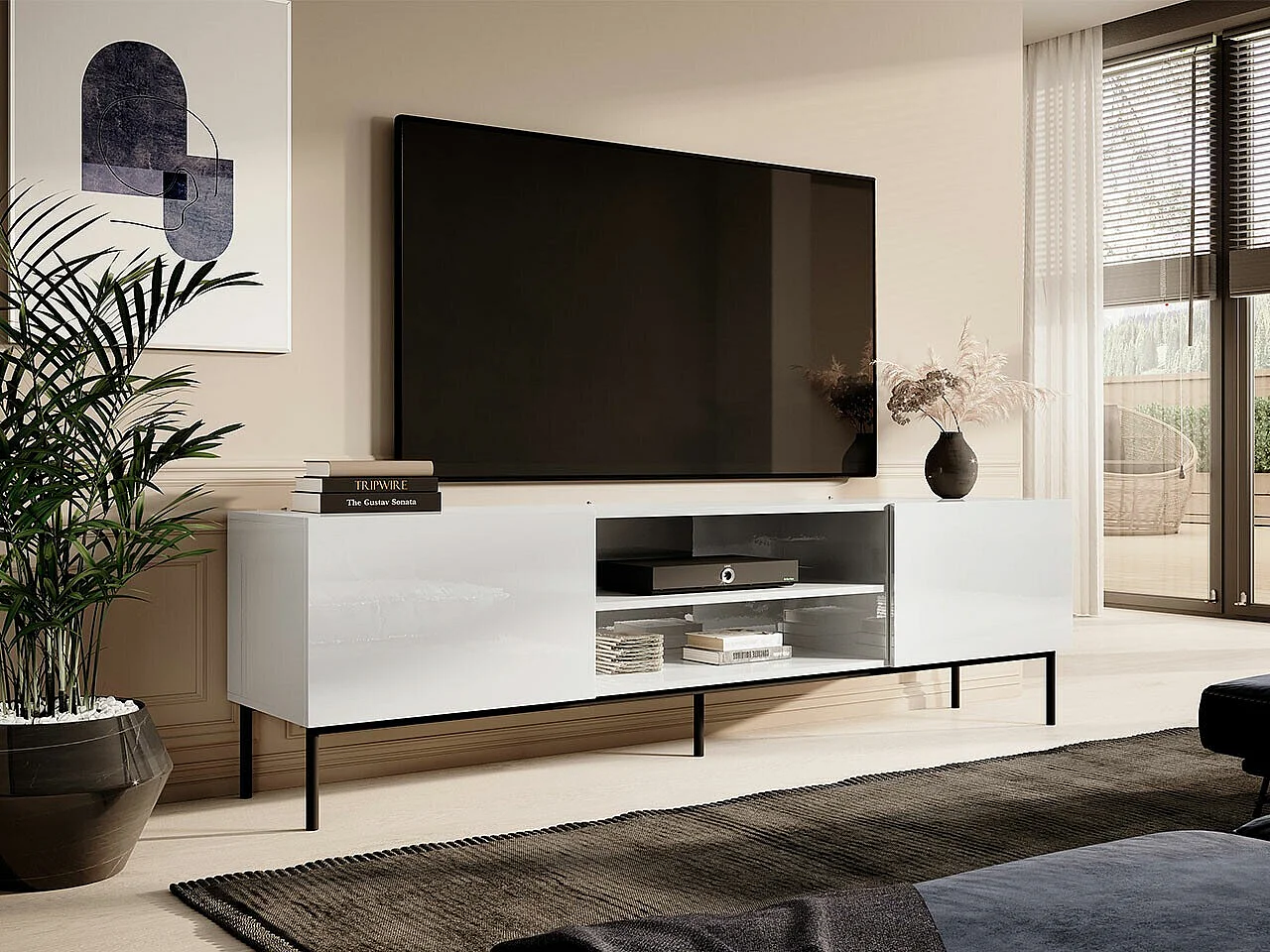 Mueble TV Charlotte 166, Blanco brillante|Negro|Blanco, Número de puertas: 2.00, 200x57cm