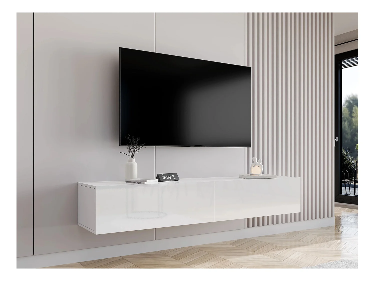 Meuble TV Venenou 123, Blanc|Blanc brillant, Le nombre de portes: 2, 180x30x40cm
