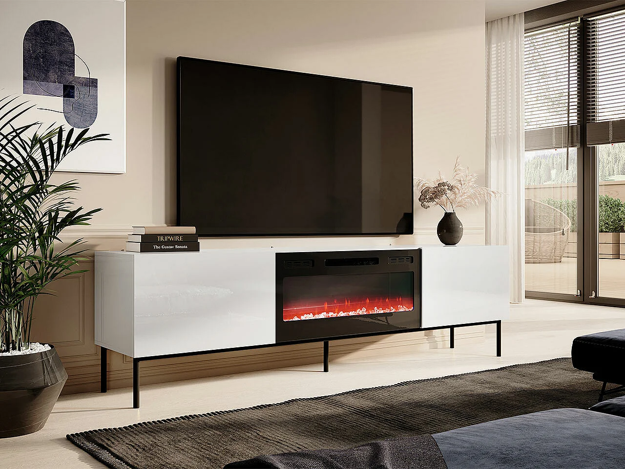 Mueble TV Charlotte 163, Blanco|Blanco brillante|Negro, Número de puertas: 2.00, 200x57cm