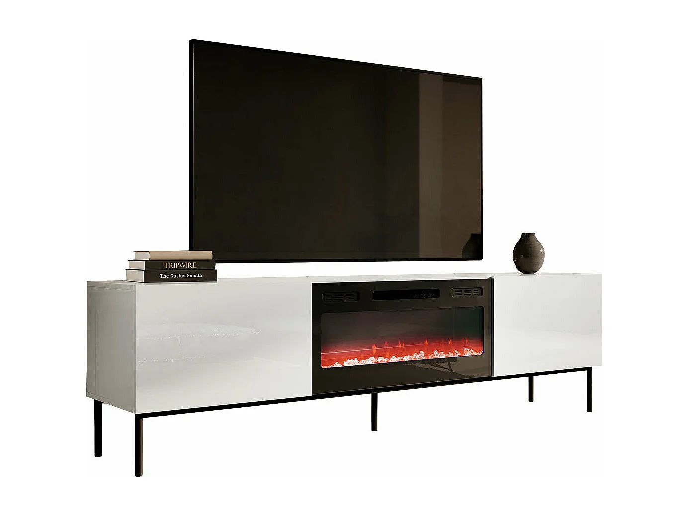 Mueble TV Charlotte 163, Blanco|Blanco brillante|Negro, Número de puertas: 2.00, 200x57cm