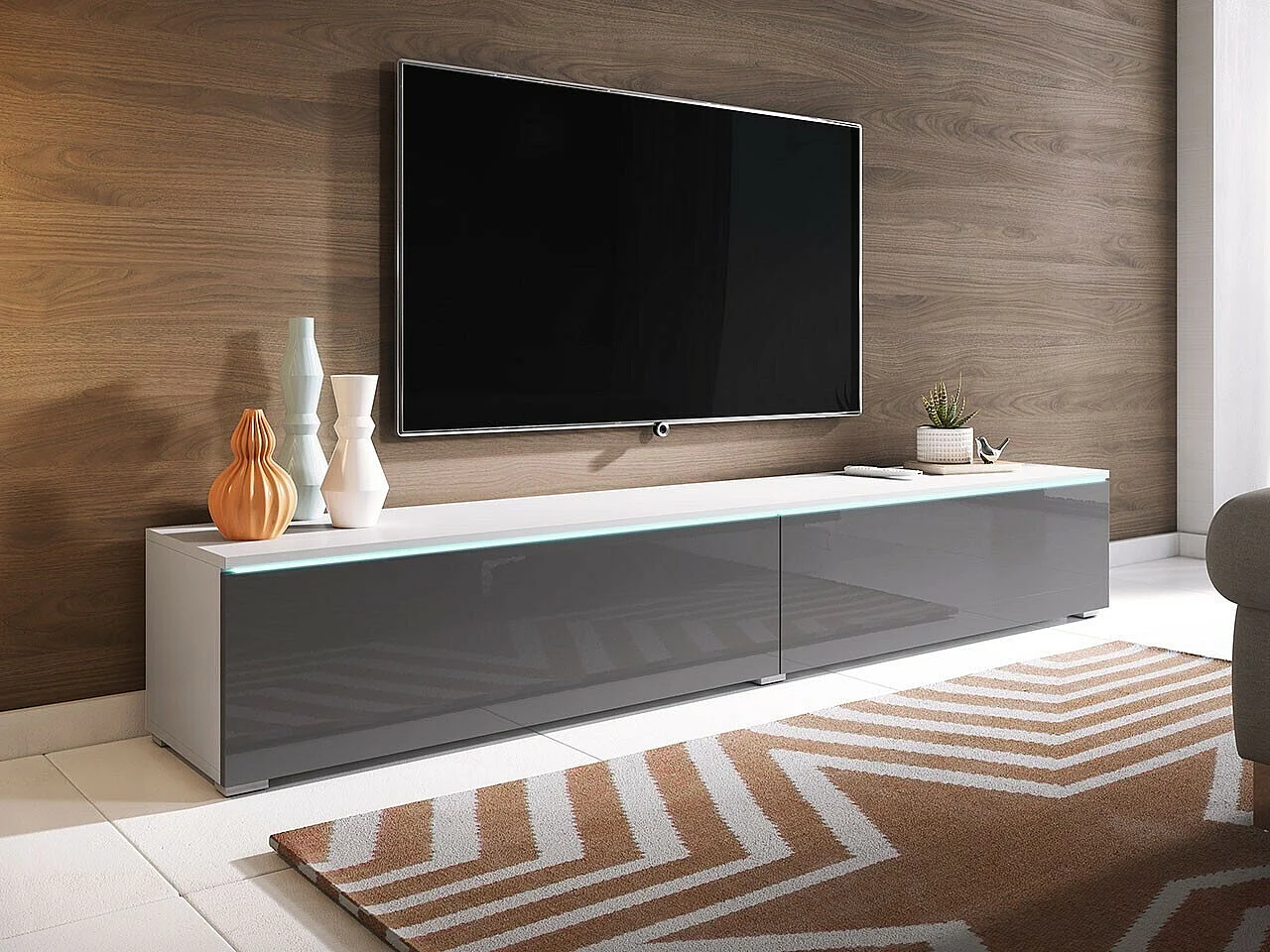 Mueble TV Sarasota 121, Blanco|Gris brillante, Número de puertas: 2.00, 180x30x33cm