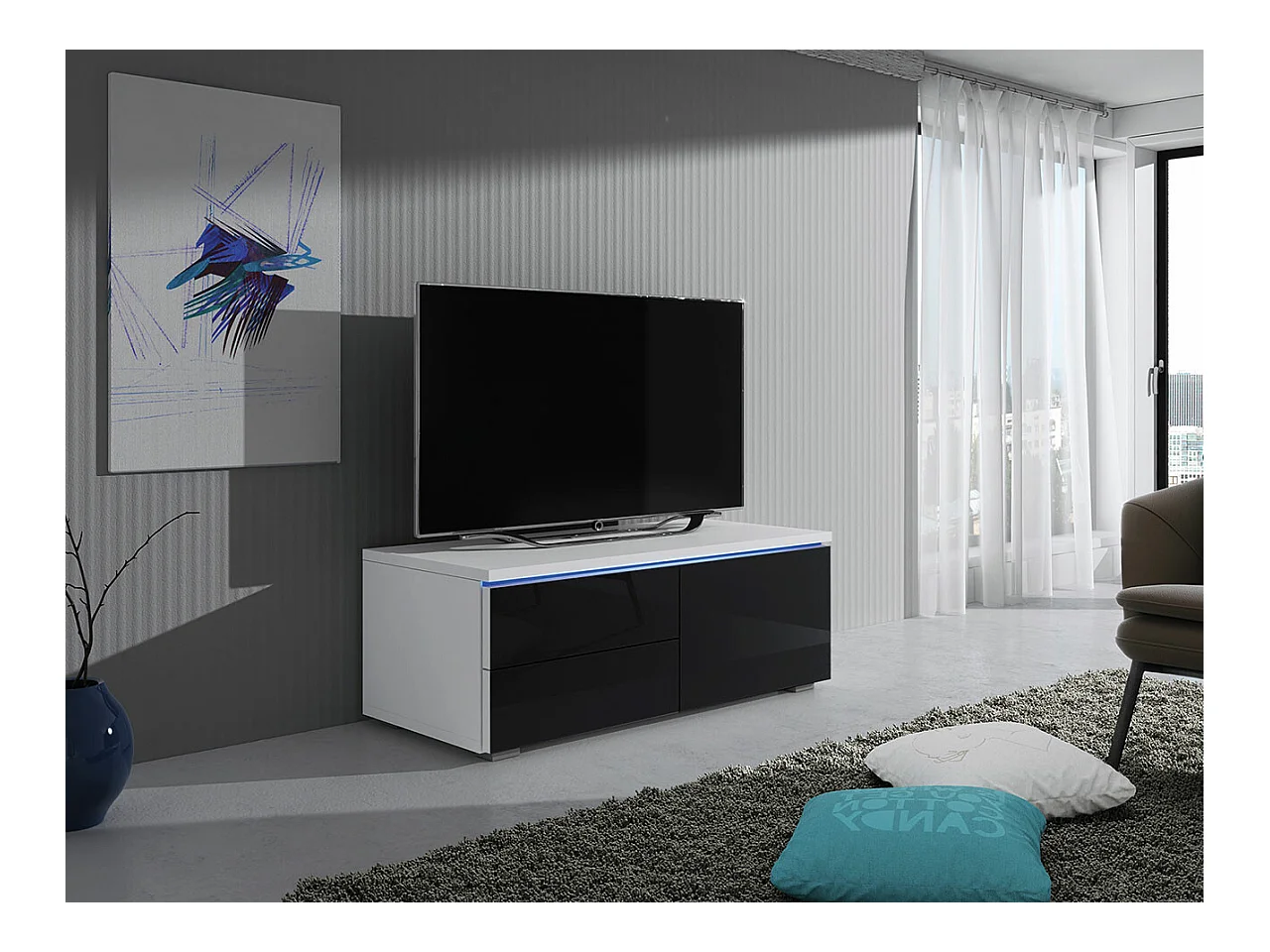 Meuble TV Nashville 130, Noir brillant|Blanc, Le nombre de portes: 1, 100x35x45cm
