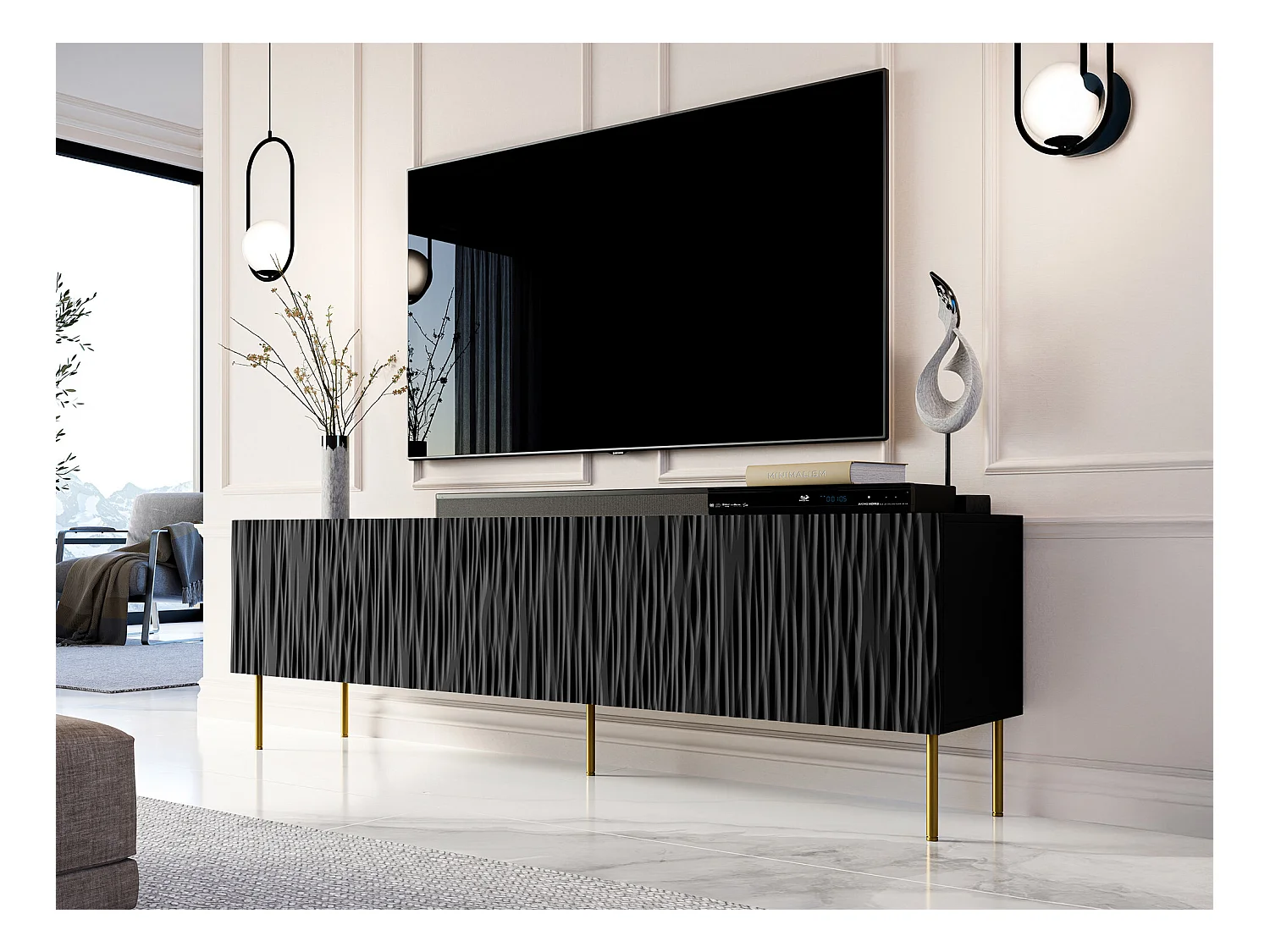 Mobile porta TV Lorelbo 103, Nero|D'oro, Il numero di porte: 4.00, 190x60x41cm