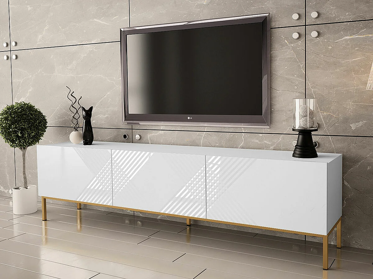 Meuble TV Levelbu 103, Blanc brillant|Blanc, Le nombre de portes: 3, 190x52x37cm