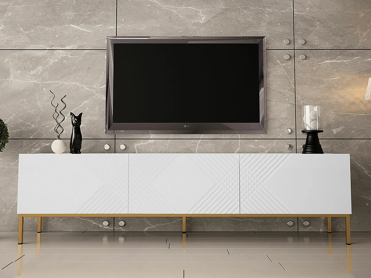 Meuble TV Levelbu 103, Blanc brillant|Blanc, Le nombre de portes: 3, 190x52x37cm