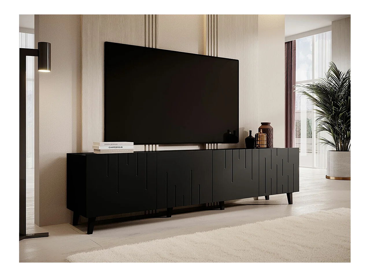 Meuble TV Charlotte 176, Noir, Le nombre de portes: 4, 200x52x42cm