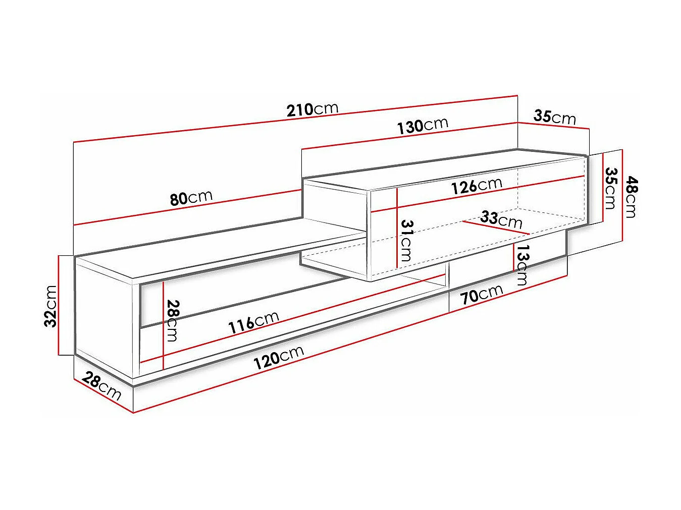 Mueble TV Utica 117, Negro|Wotan roble, Número de puertas: 1.00, 210x48x35cm