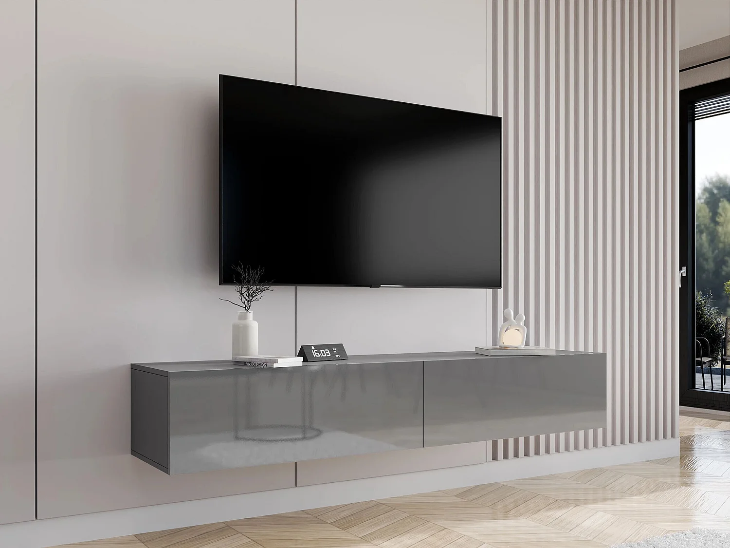 Mueble TV Charlotte A122, Gris brillante|Gris, Número de puertas: 2.00, 180x30x40cm