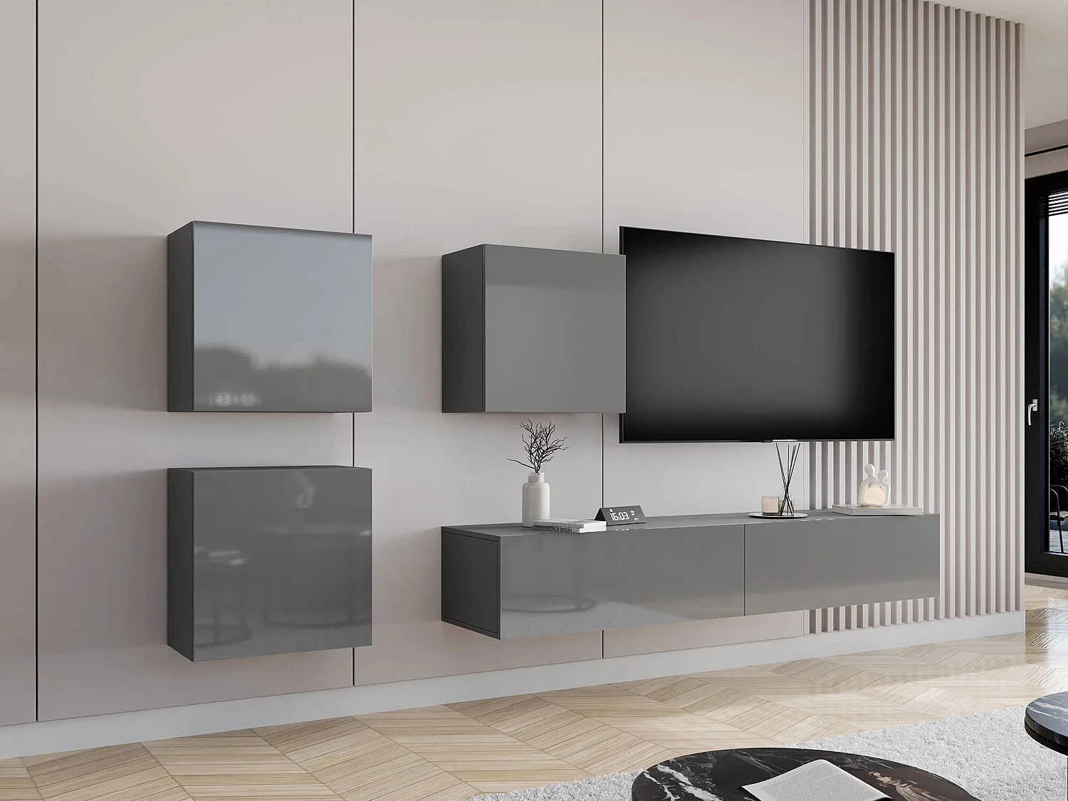 Mueble TV Charlotte A122, Gris brillante|Gris, Número de puertas: 2.00, 180x30x40cm