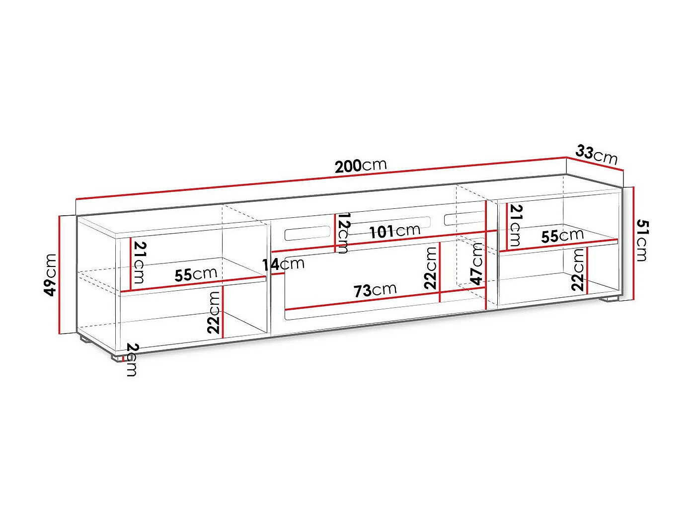 Mueble TV Charlotte 191, Negro, 200x51x33cm