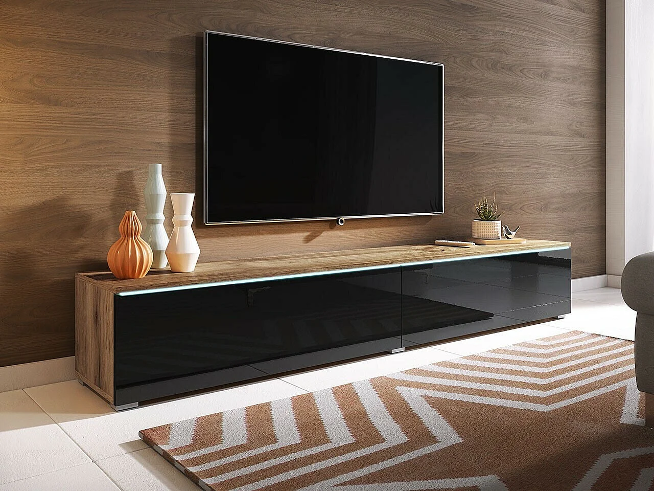 Mueble TV Sarasota 121, Wotan roble|Negro brillante, Número de puertas: 2.00, 180x30x33cm