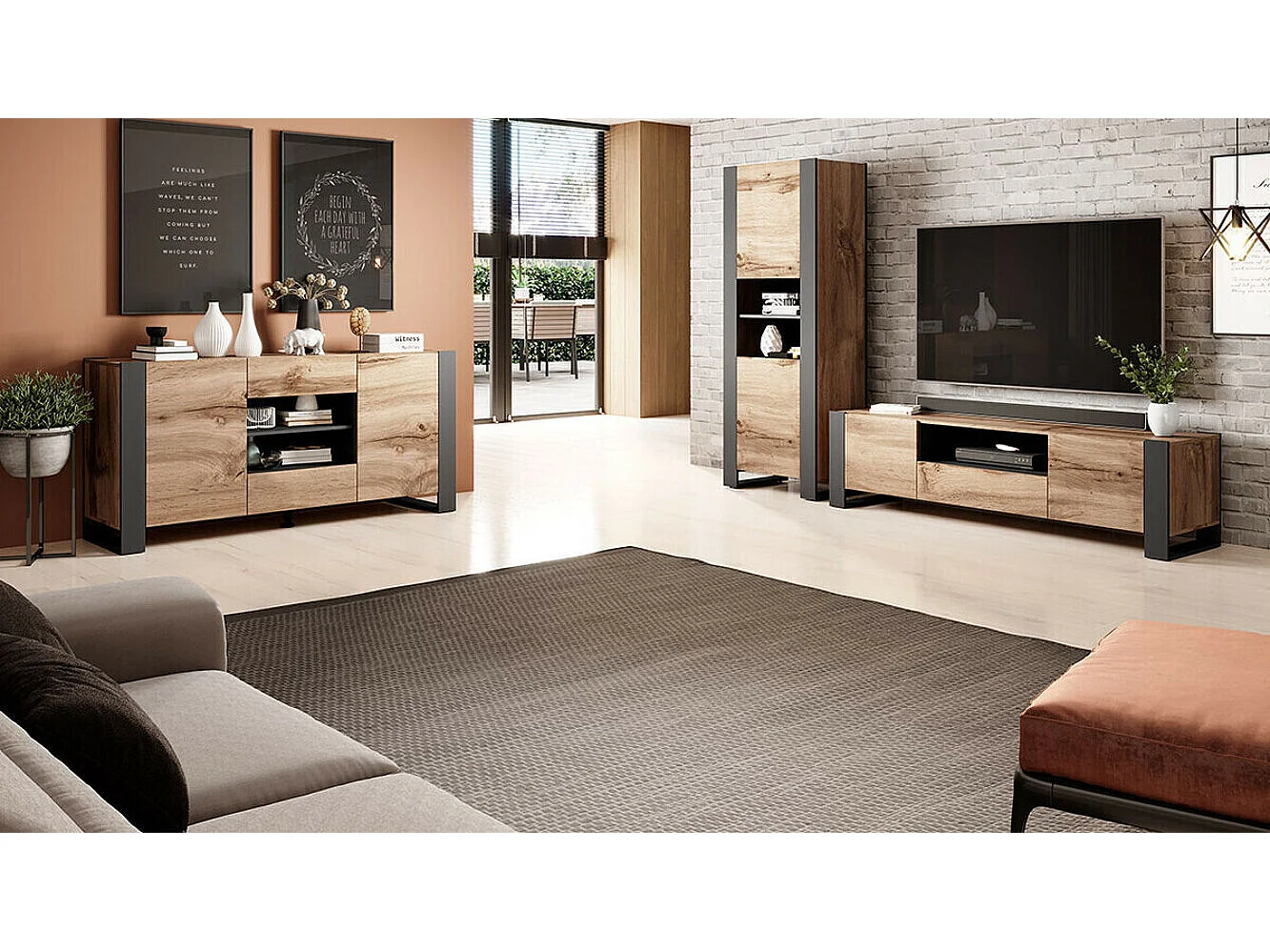 Mueble TV Charlotte D100, Wotan roble|Antracita, Número de puertas: 2.00, 180x48x44cm