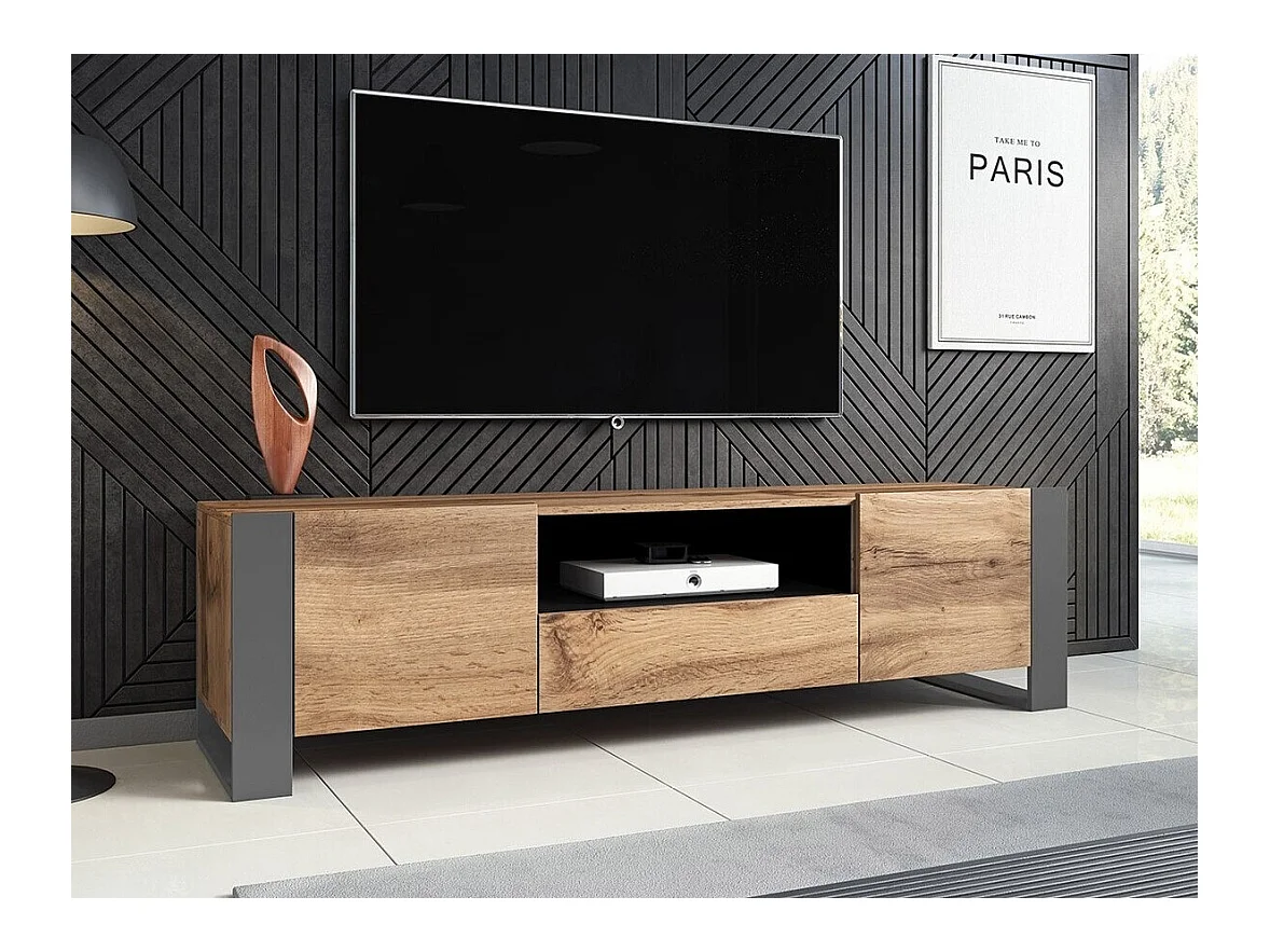 Mueble TV Charlotte D100, Wotan roble|Antracita, Número de puertas: 2.00, 180x48x44cm