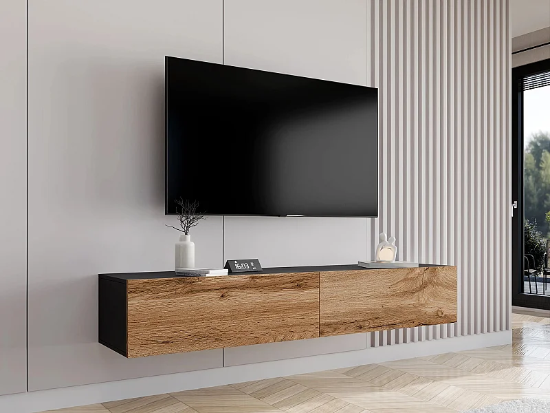 Mueble TV Charlotte A122, Wotan roble|Negro, Número de puertas: 2.00, 180x30x40cm