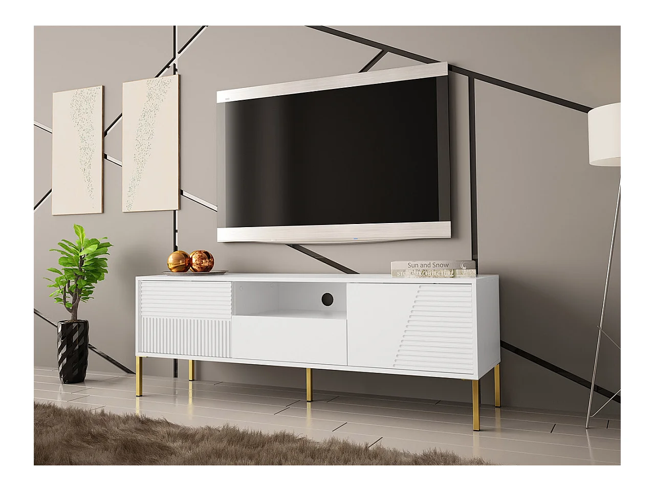 Meuble TV Verteni 105, Blanc, 155x54x40cm
